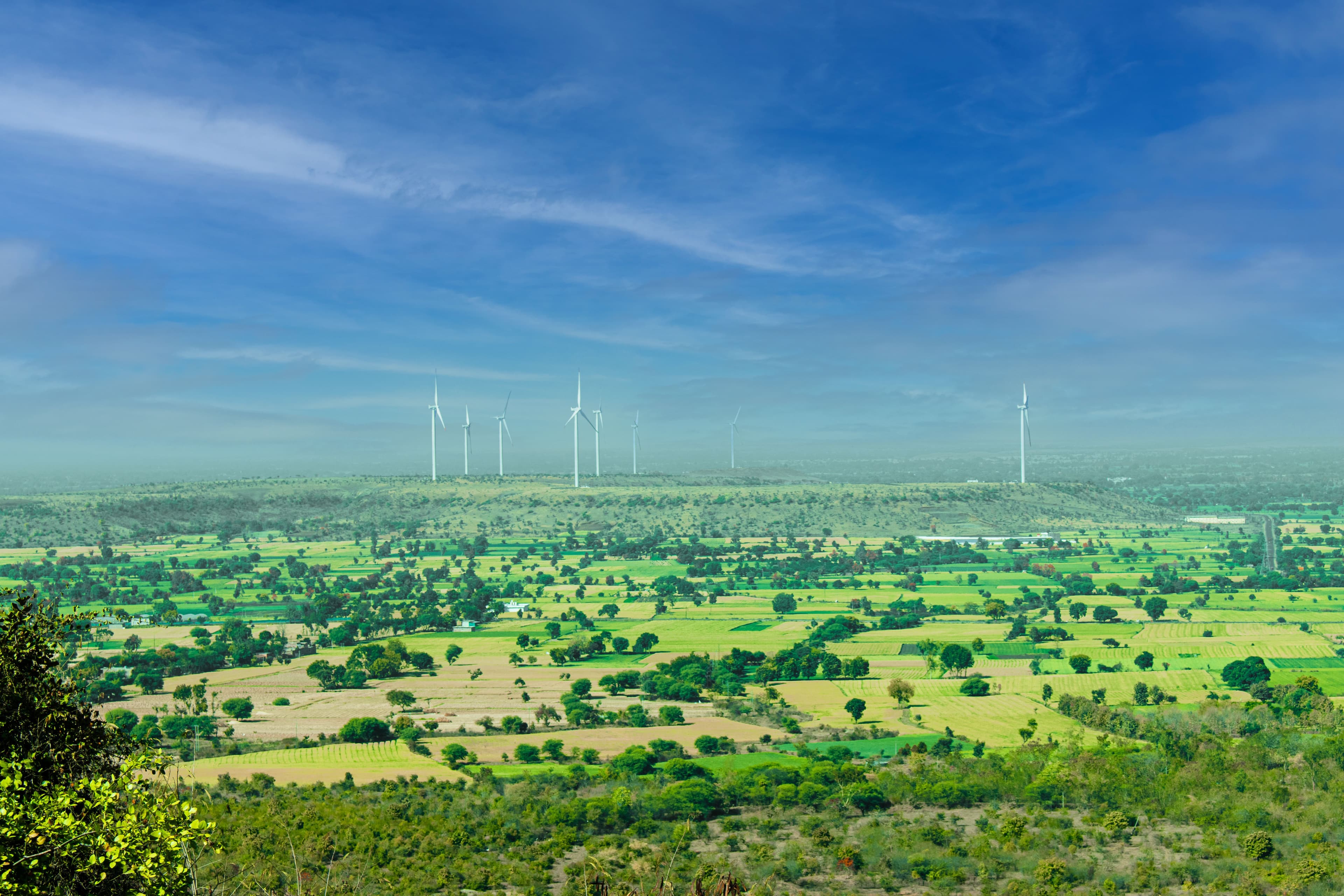 Wind turbines across green landscape